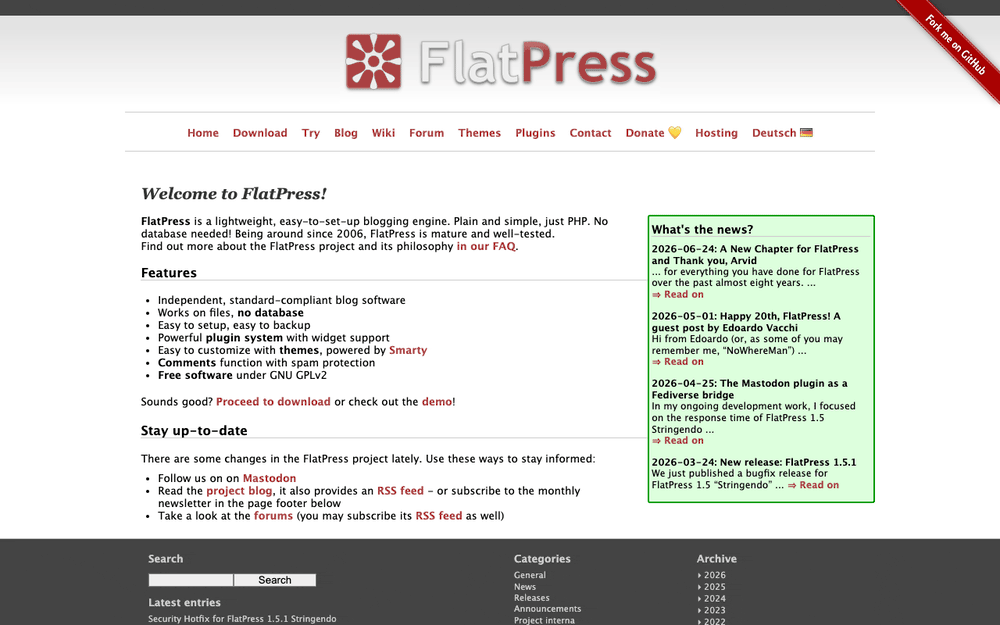 Captura de FlatPress, tomada de su demo pública oficial