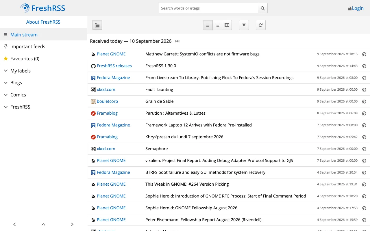 Captura de FreshRSS, tomada de su demo pública oficial