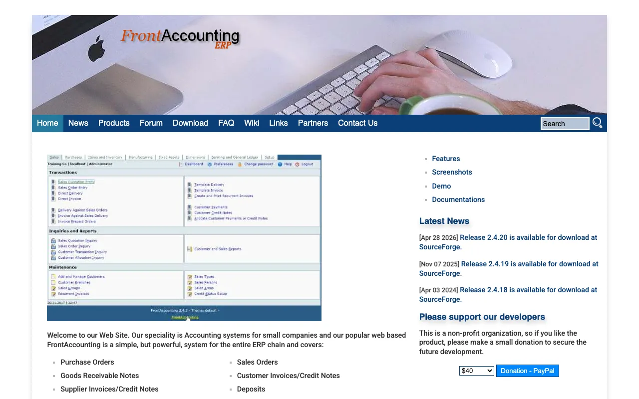 Captura de FrontAccounting, tomada de su sitio web oficial