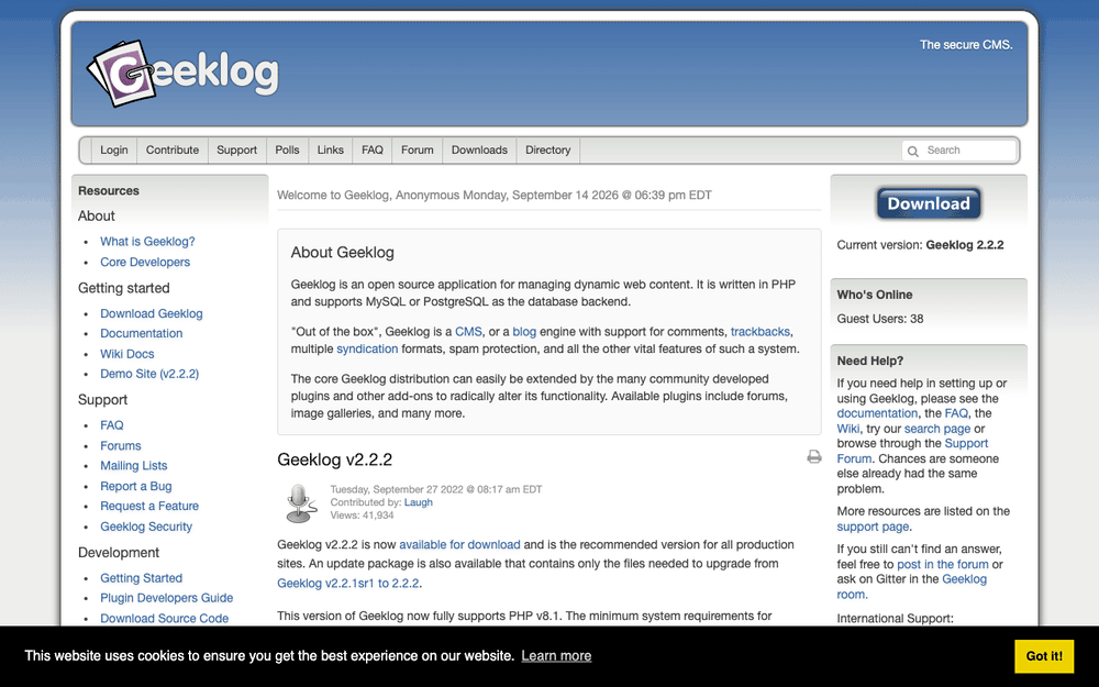Captura de Geeklog, tomada de su demo pública oficial