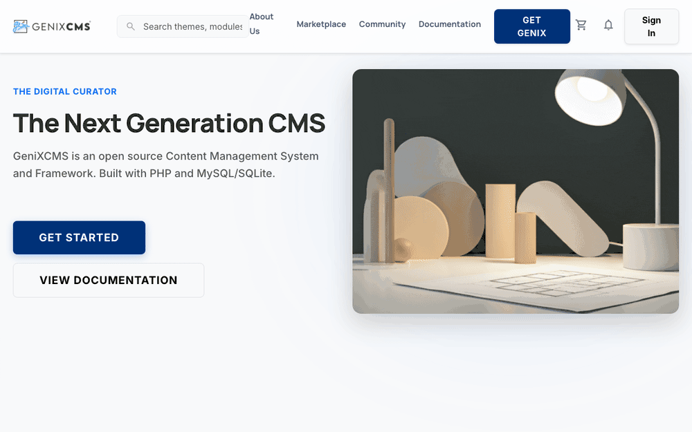 Captura de GeniXCMS, tomada de su demo pública oficial