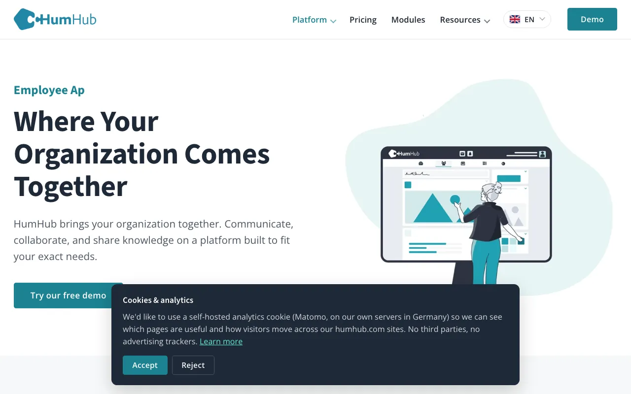 Captura de HumHub, tomada de su sitio web oficial