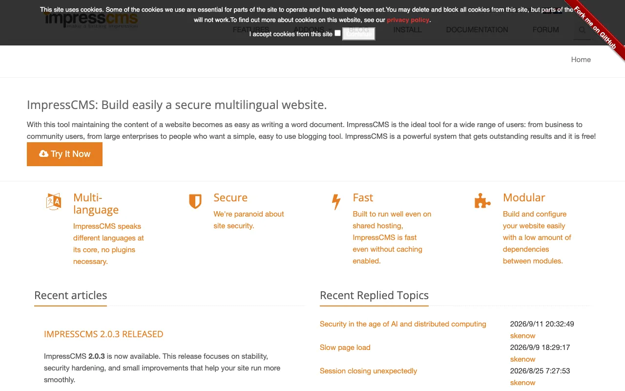 Captura de ImpressCMS, tomada de su sitio web oficial