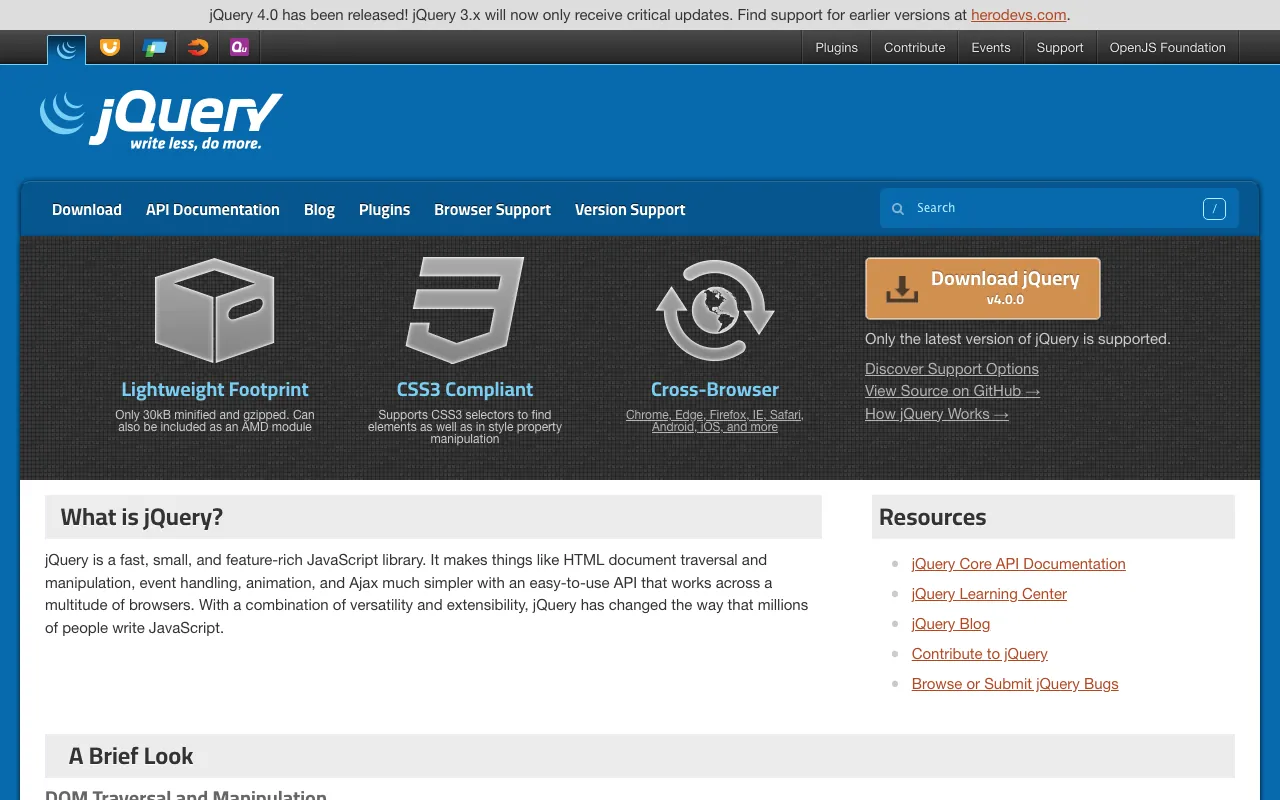 Captura de jQuery, tomada de su sitio web oficial