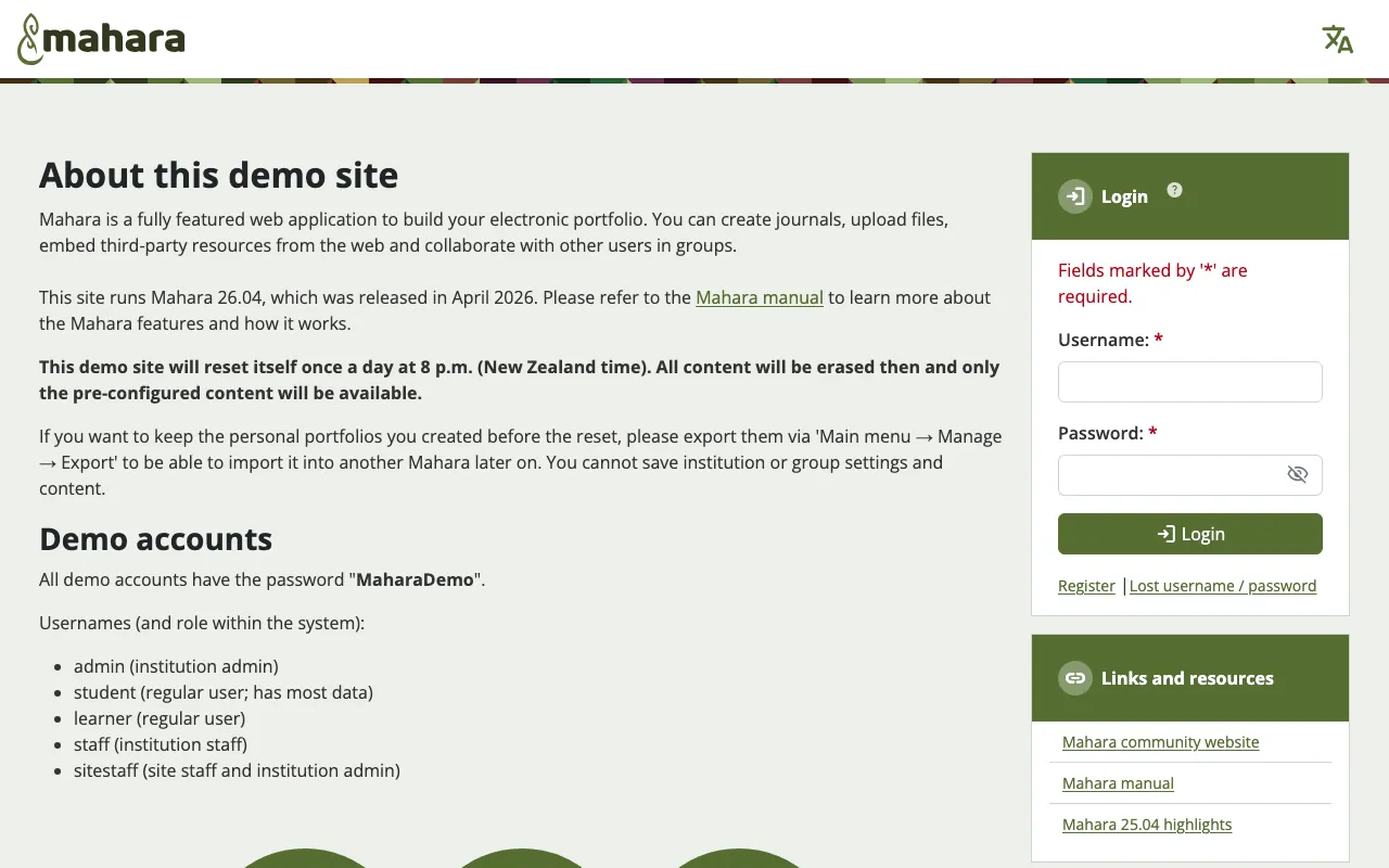 Captura de Mahara, tomada de su demo pública oficial