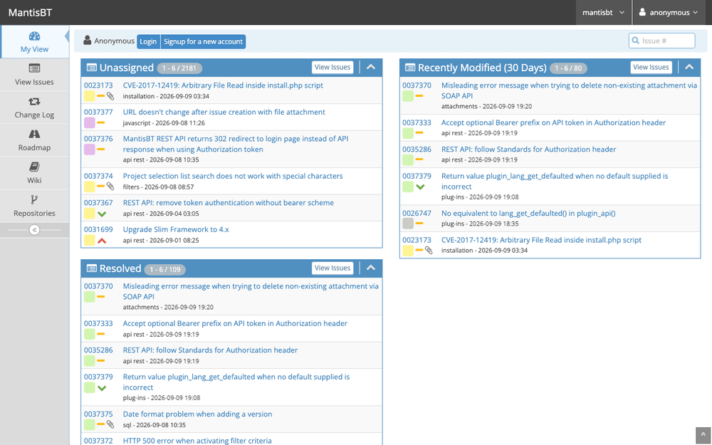 Captura de Mantis Bug Tracker, tomada de su demo pública oficial