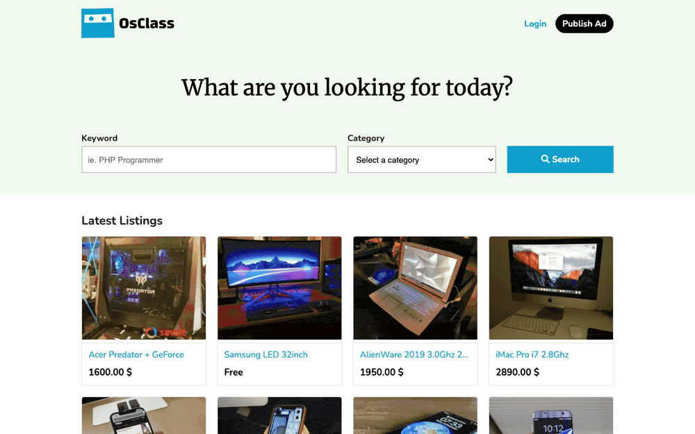 Captura de OsClass Classifieds, tomada de su demo pública oficial