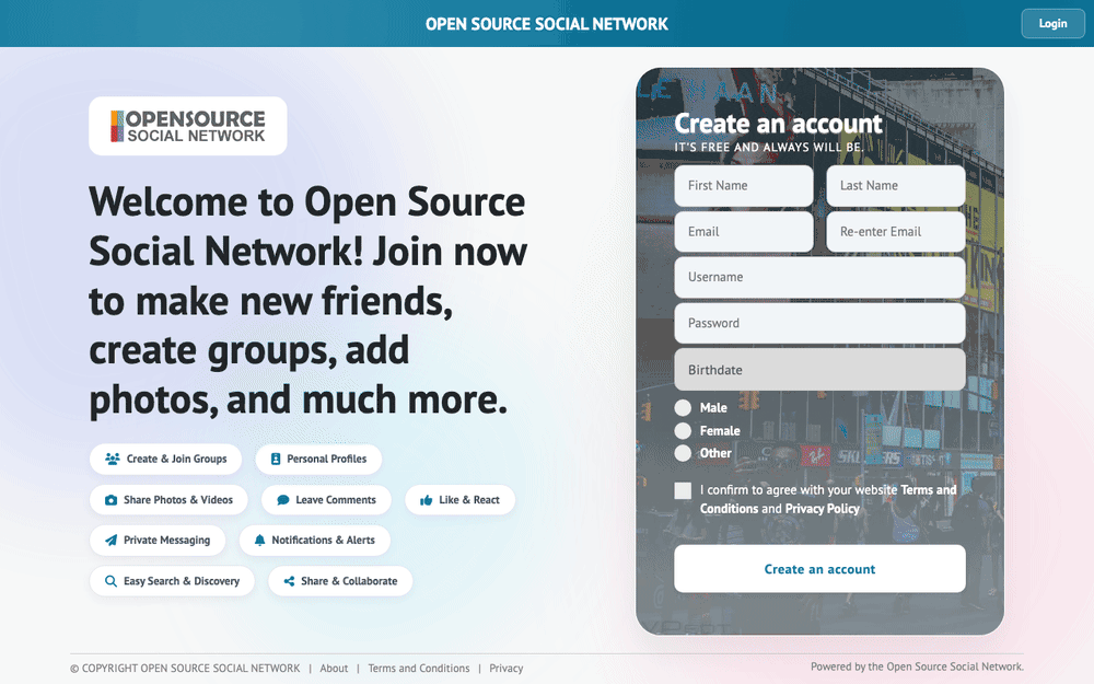 Captura de Open Source Social Network, tomada de su demo pública oficial
