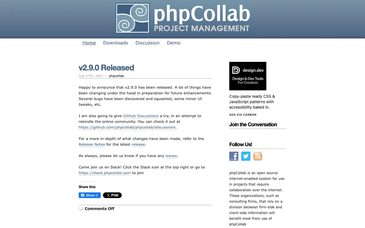 Captura de phpCollab, tomada de su sitio web oficial
