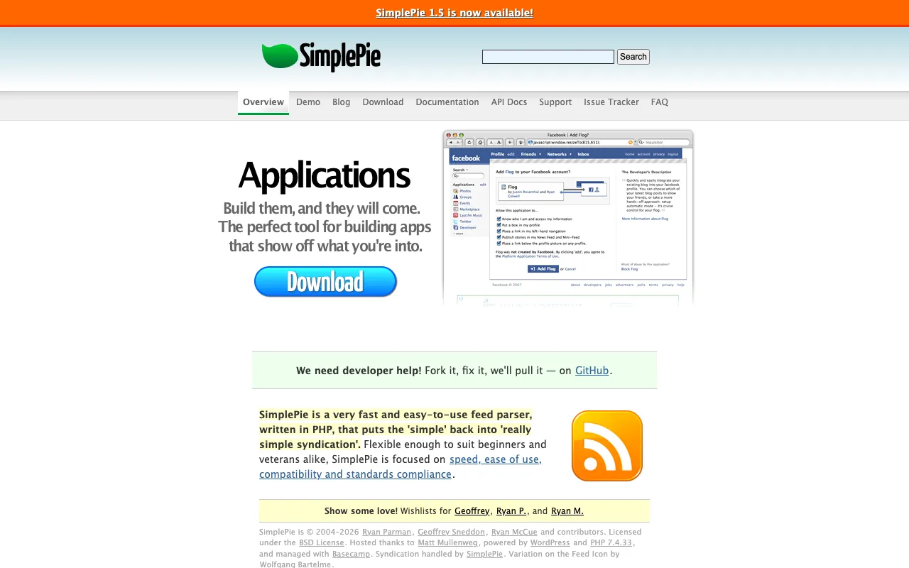 Captura de SimplePie, tomada de su sitio web oficial