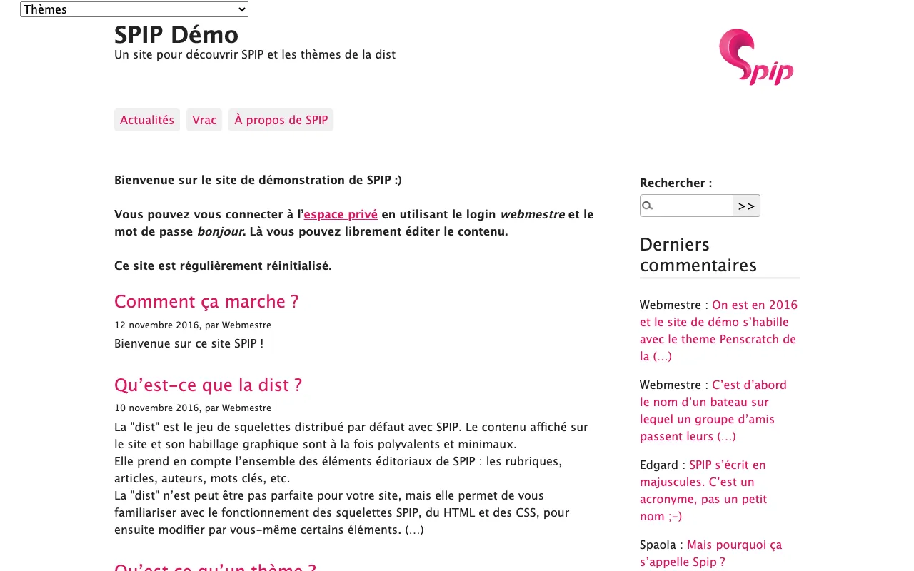 Captura de SPIP, tomada de su demo pública oficial