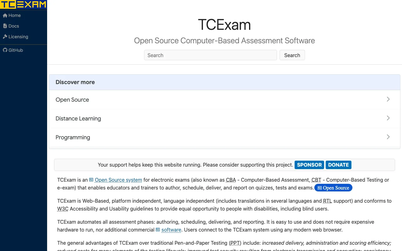 Captura de TCExam, tomada de su sitio web oficial