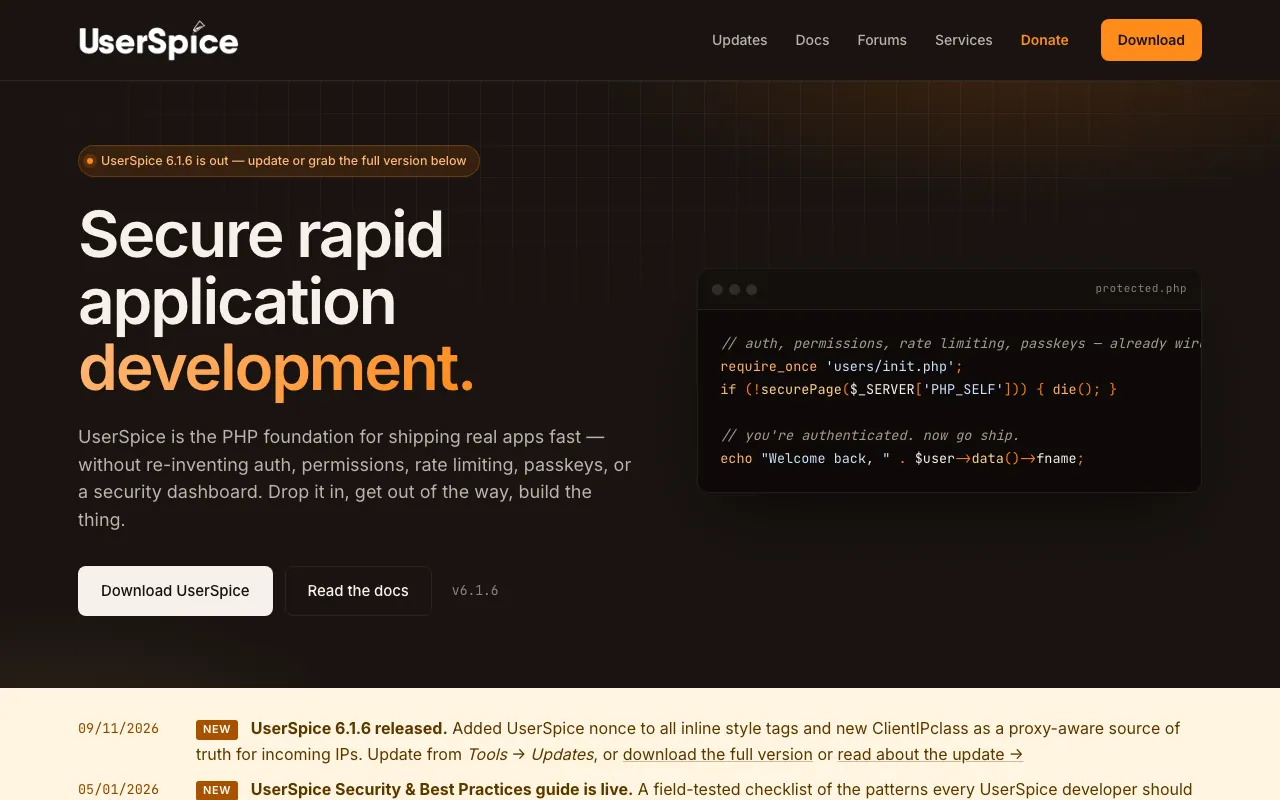 Captura de UserSpice, tomada de su sitio web oficial