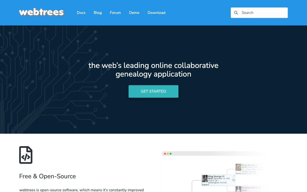 Captura de webtrees, tomada de su sitio web oficial