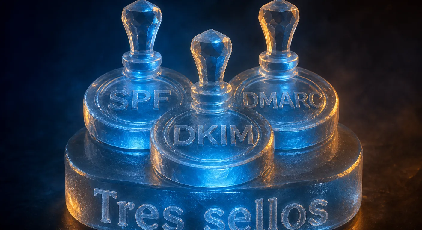 Three wax-like crystal stamps SPF DKIM DMARC, no brand logos. Texto en escena: Tres sellos