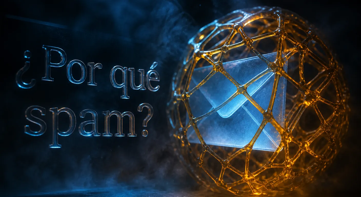 A glass envelope trapped in an amber filter mesh. Texto en escena: ¿Por qué spam?