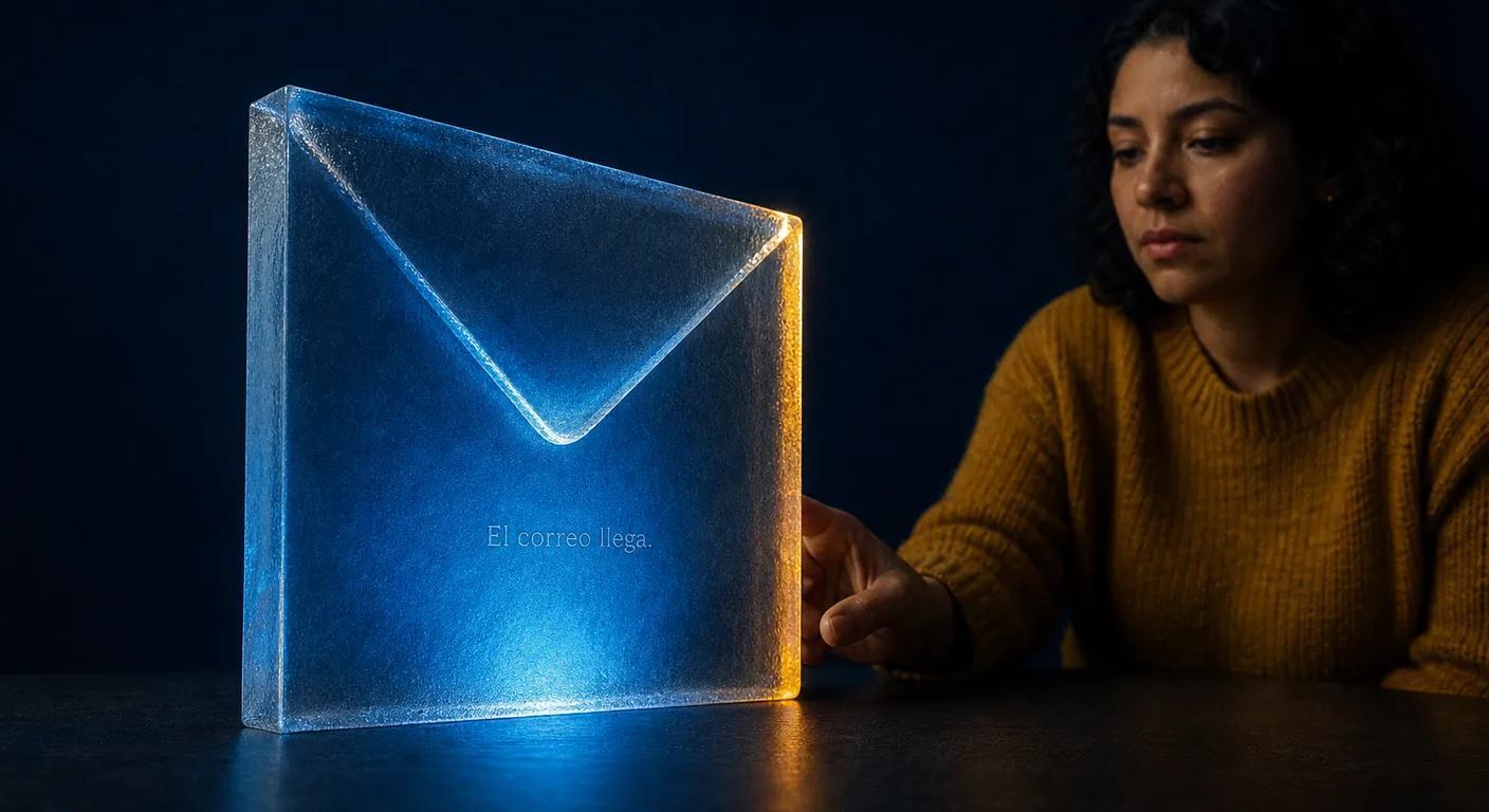 Sobre de cristal en estudio oscuro: el correo del dominio llega al teléfono