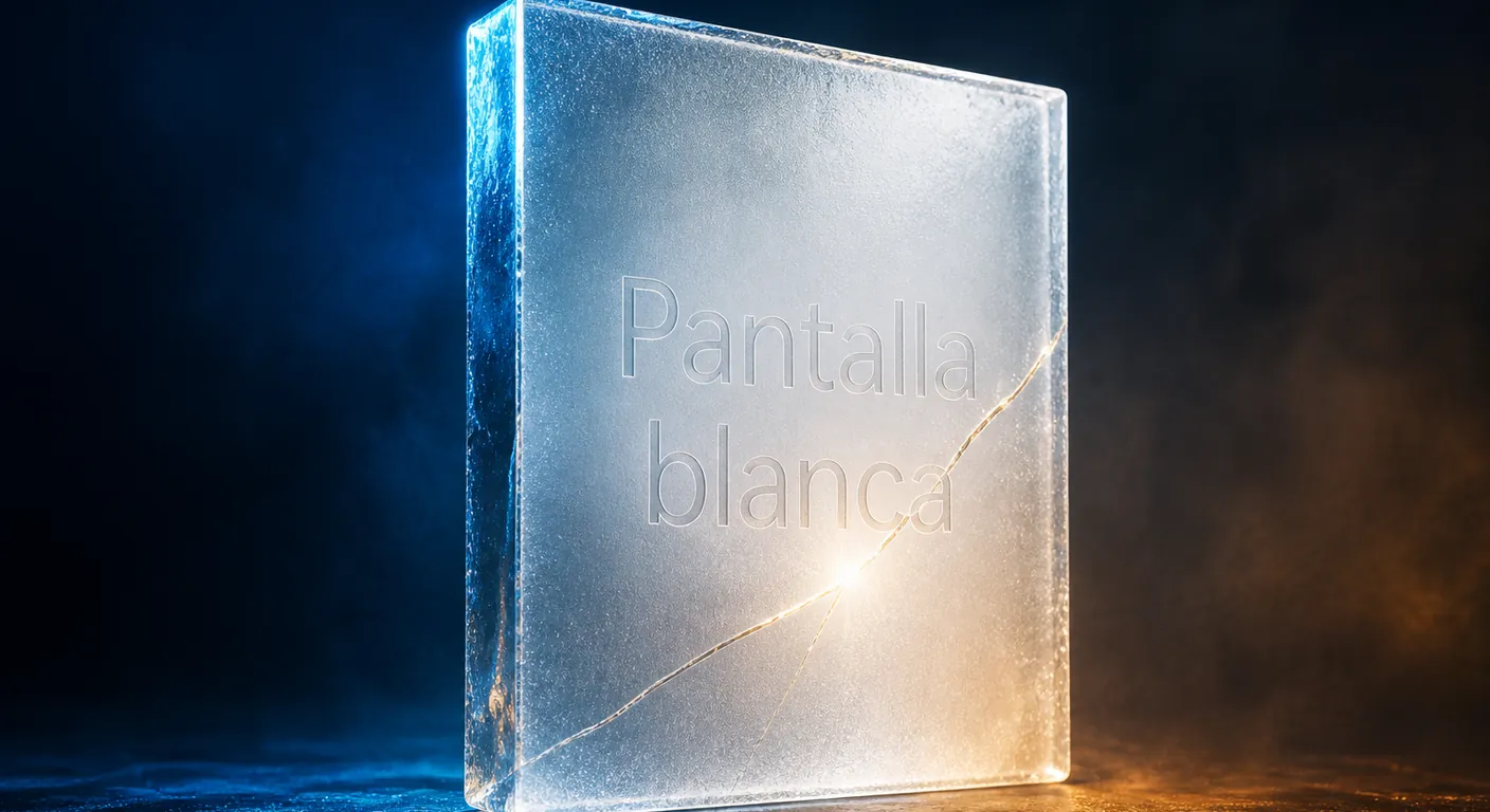 A blank frosted glass panel with a hairline crack and a tiny amber spark. Texto en escena: Pantalla blanca