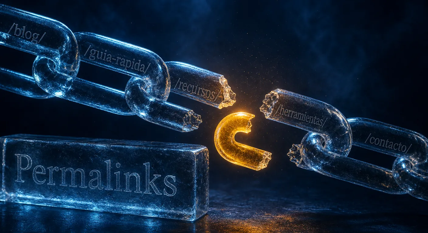 A broken glass chain of URL slugs, one missing link glowing. Texto en escena: Permalinks