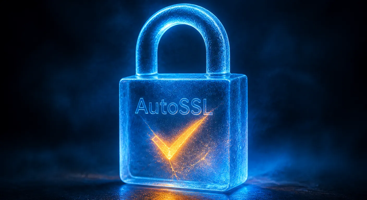 A crystal padlock with a quiet internal check spark, no vendor logo. Texto en escena: AutoSSL