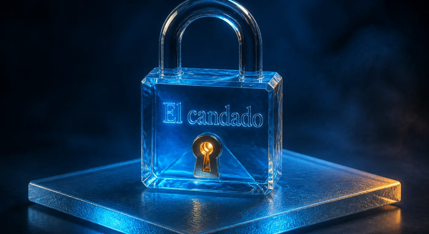 A heavy crystal padlock closed over a checkout slab, internal light. Texto en escena: El candado