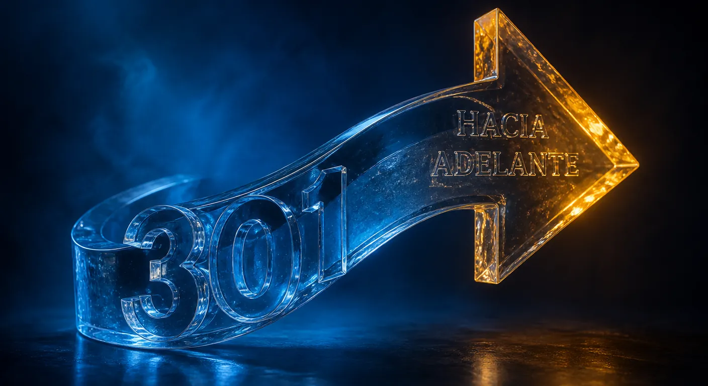 A thick glass arrow 301 bending from old to new. Texto en escena: 301