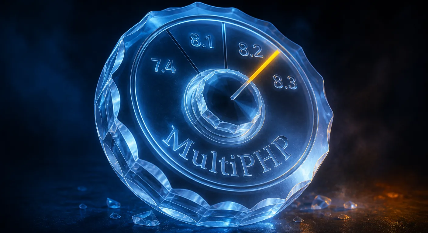 A crystal rotary dial with version numbers as volume, not a screenshot. Texto en escena: MultiPHP