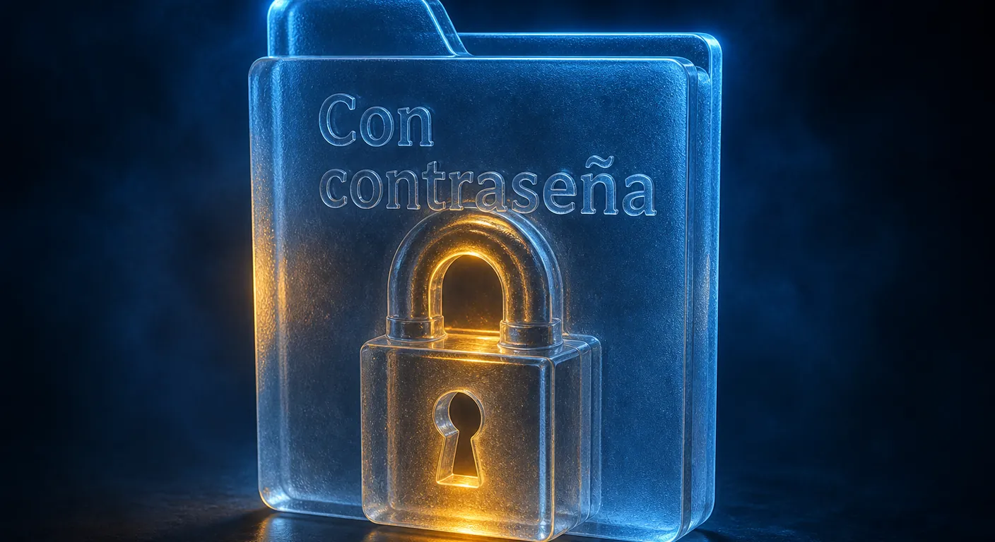 A folder of glass with a padlock, Directory Privacy as object not UI. Texto en escena: Con contraseña