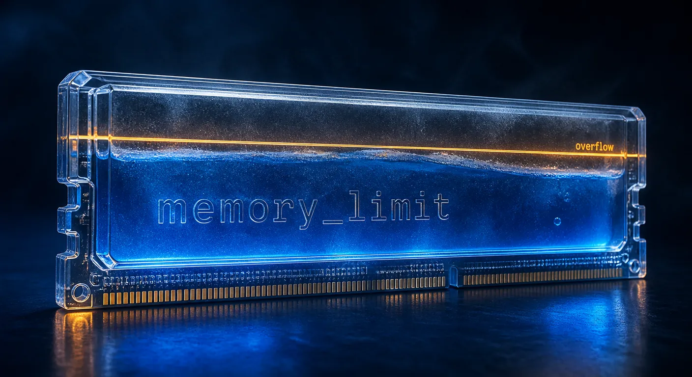 A glass RAM bar filling with cobalt liquid, amber overflow mark. Texto en escena: memory_limit