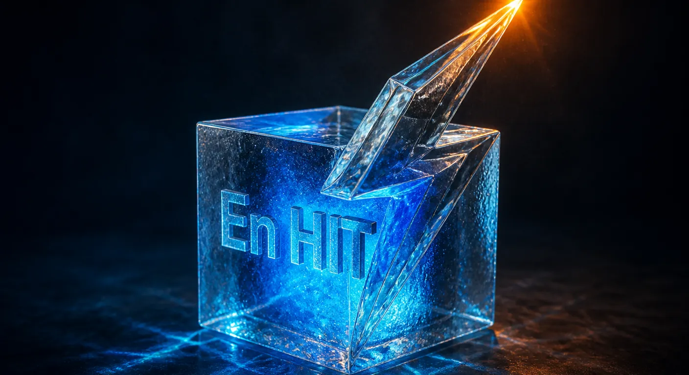 A crystal lightning bolt fused into a glass cache cube, internal cobalt bloom. Texto en escena: En HIT