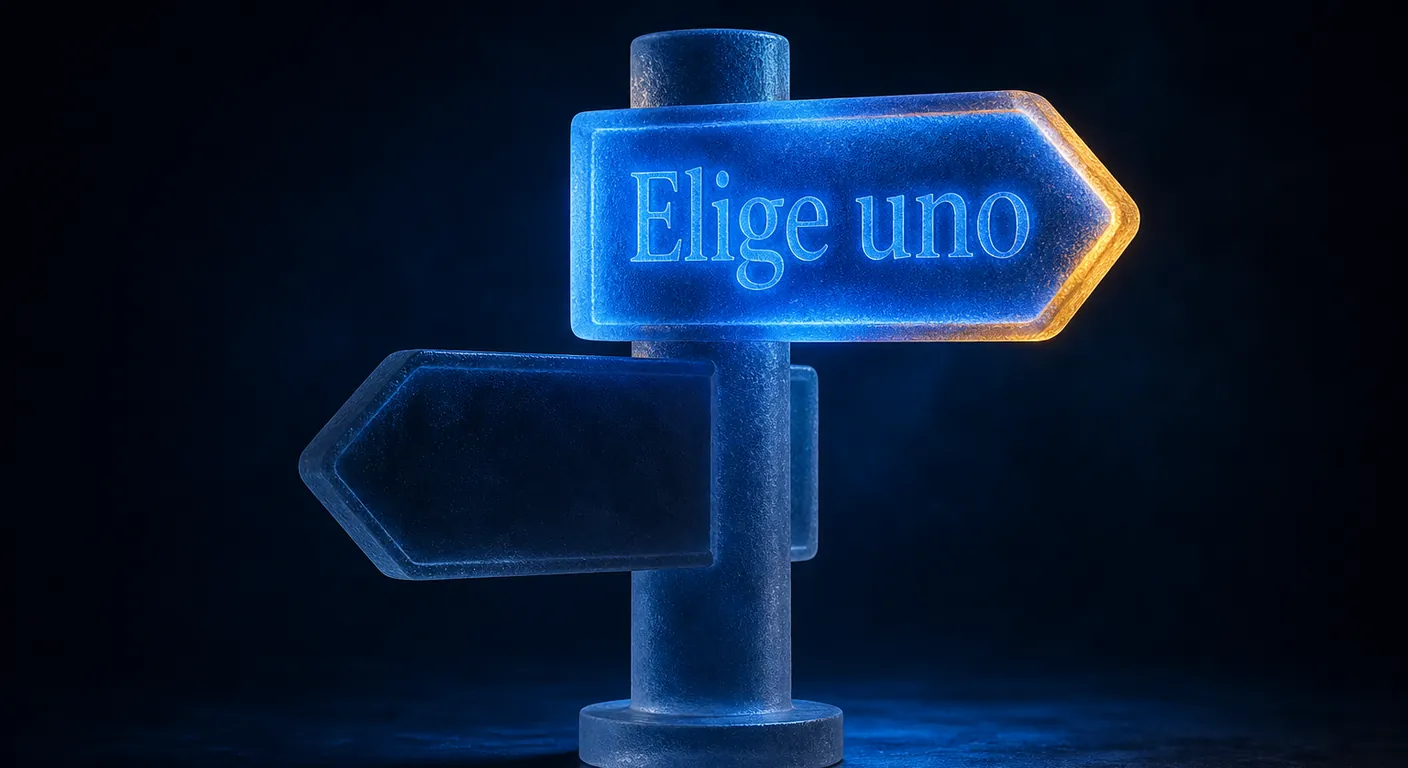 Two street signs of glass, only one lit cobalt, the other dim. Texto en escena: Elige uno