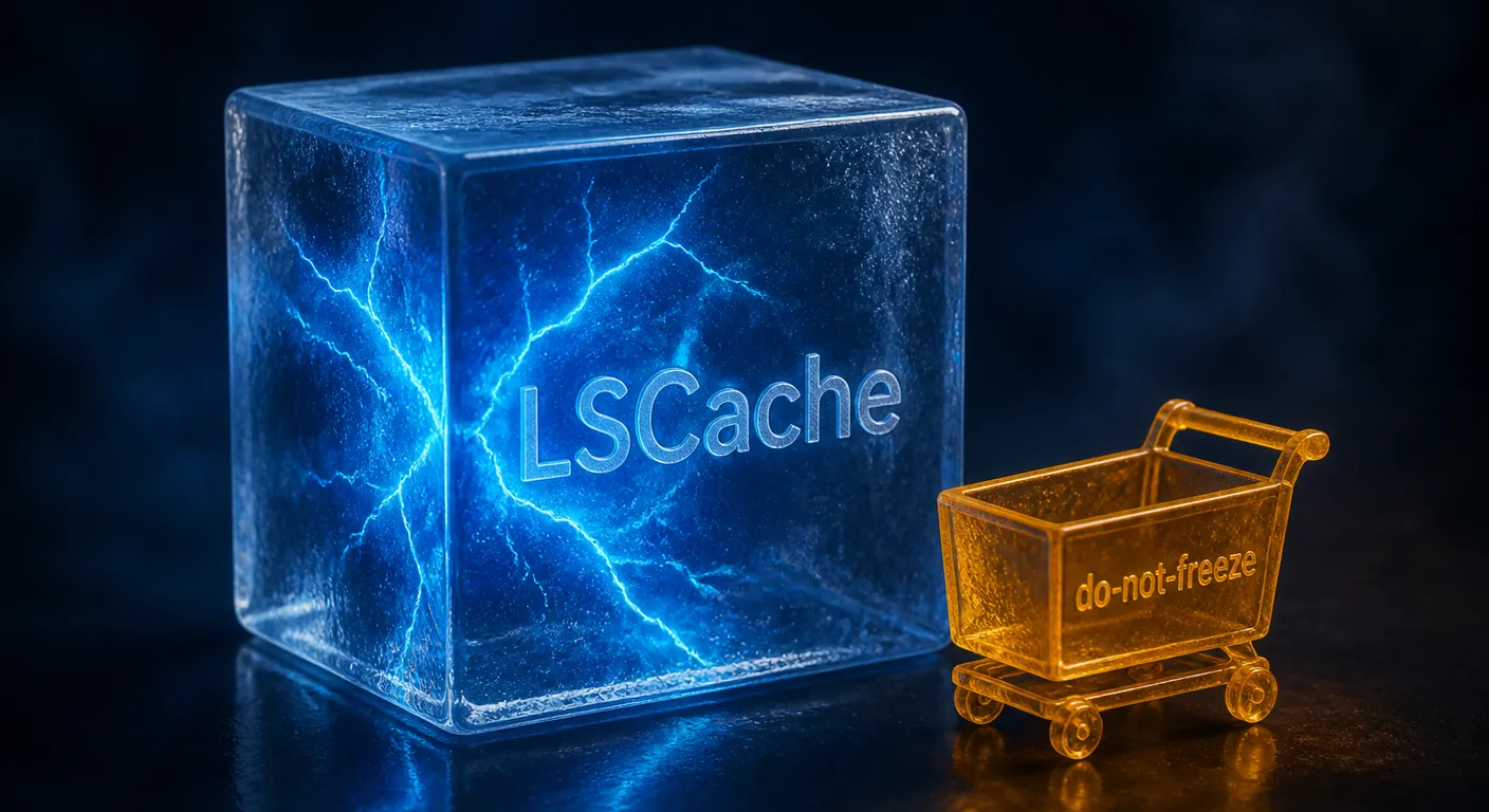 A cache cube with a lightning core, Woo cart beside it marked do-not-freeze in amber. Texto en escena: LSCache