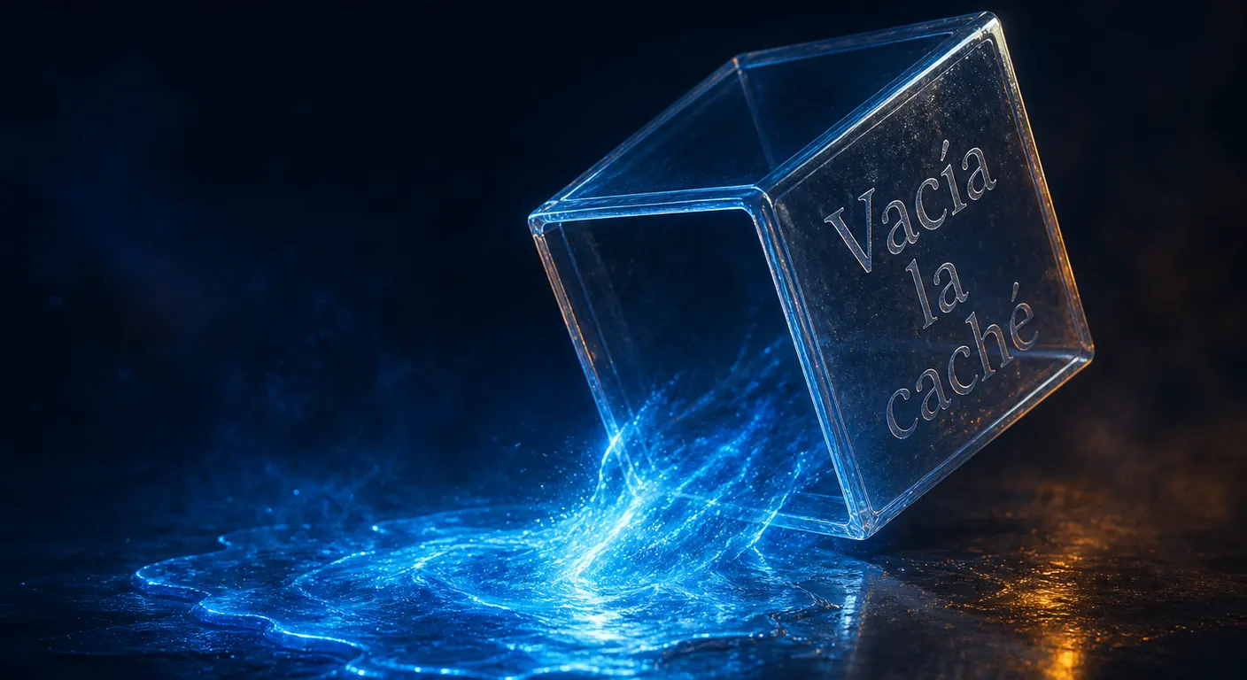 A glass cube pouring light out, empty after. Texto en escena: Vacía la caché