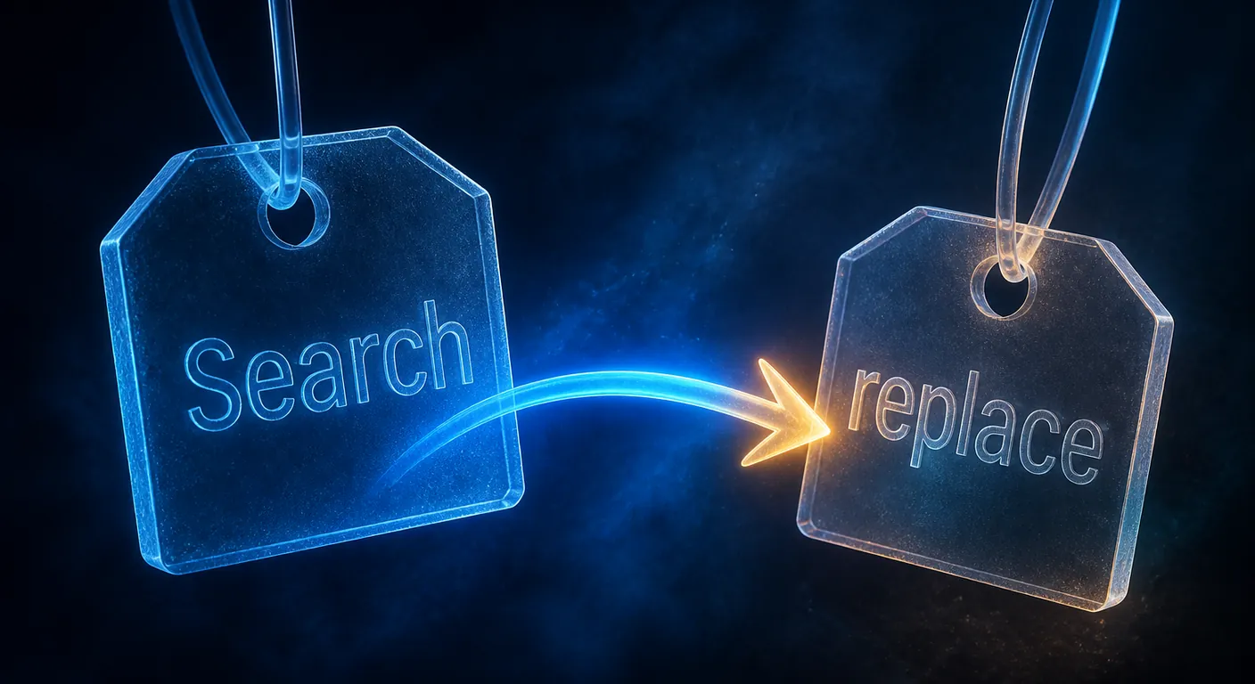 Two crystal domain tags, an arrow of light between them. Texto en escena: Search replace