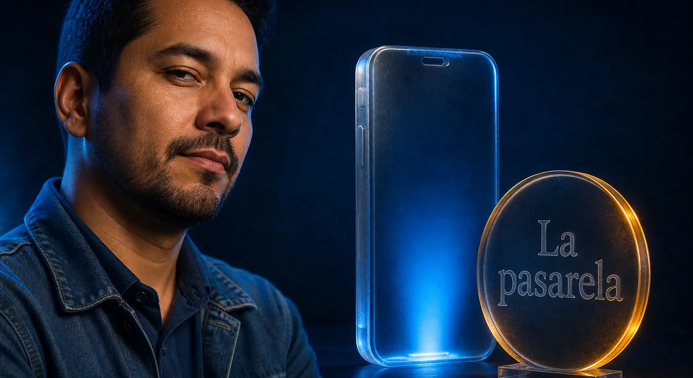 A frosted phone and a bank-style glass token, no app logos, cobalt screen glow. Texto en escena: La pasarela