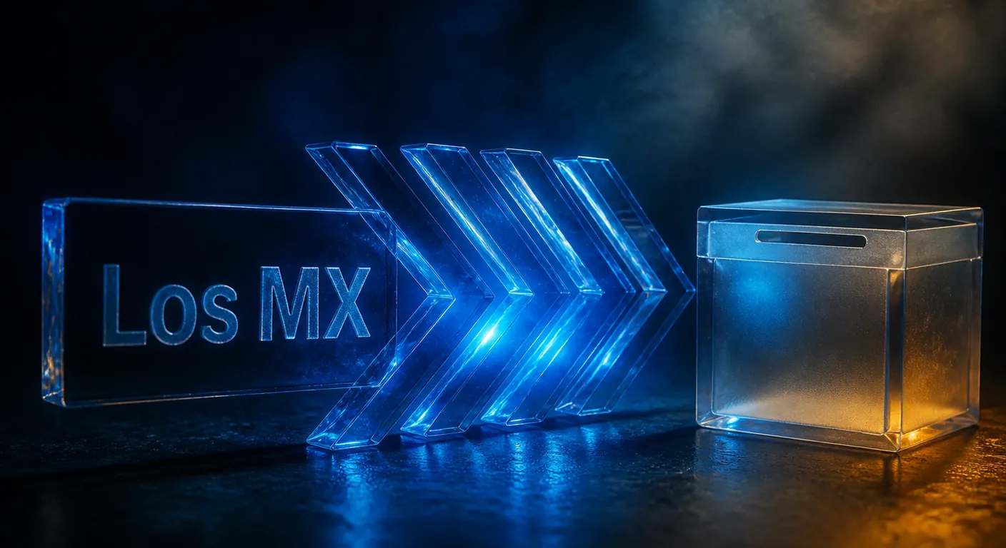 MX arrows as glass chevrons pointing to a generic inbox cube, no Google logo. Texto en escena: Los MX