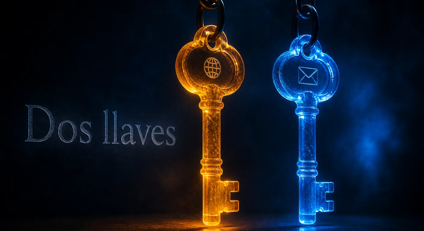 Two distinct crystal keys hanging from separate hooks, one web, one mail, amber vs cobalt. Texto en escena: Dos llaves