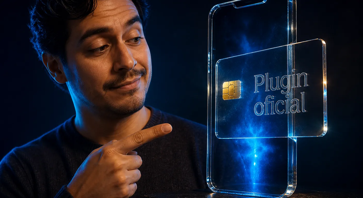 A glass credit card and a phone slab of crystal, no brand marks, amber chip. Texto en escena: Plugin oficial