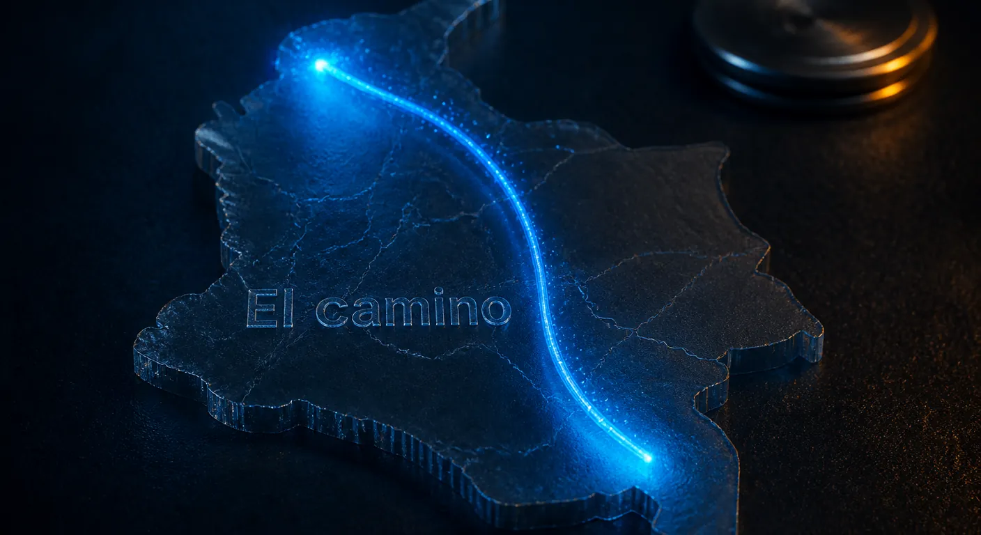 A glowing glass fiber hop across a dark map versus a tiny unused disk platter in the corner, out of focus. Texto en escena: El camino