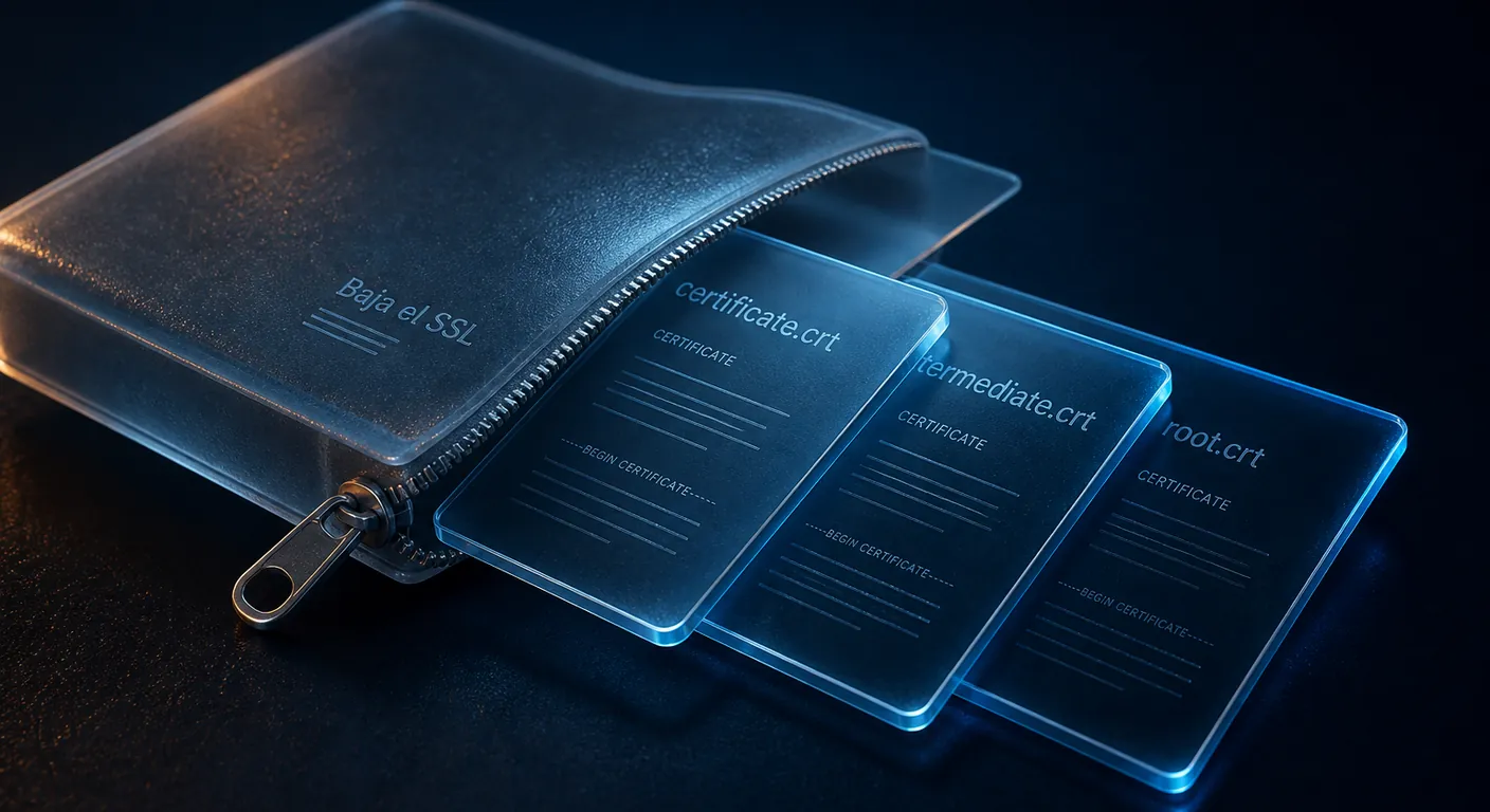 Tres pliegos de cristal saliendo de un zip: bajar el certificado SSL