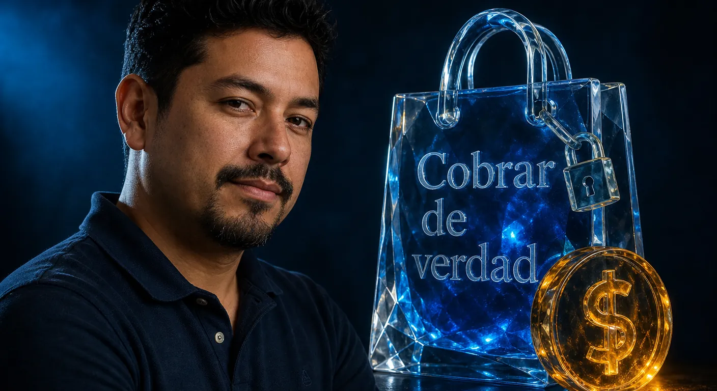 A crystal shopping bag with a COP-like coin of glass (not a real banknote) and a tiny lock. Texto en escena: Cobrar de verdad