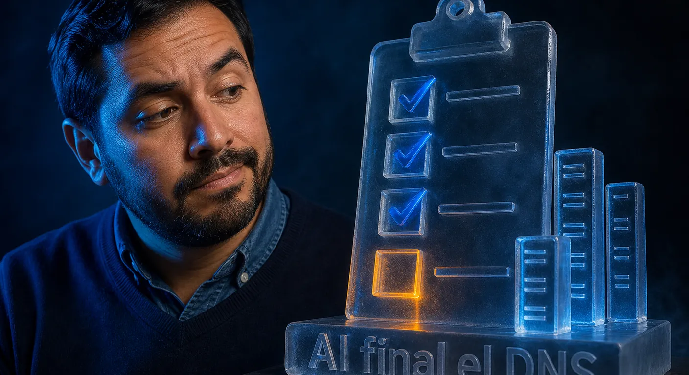 A glass clipboard with a last unchecked box glowing amber, nameserver glyphs as abstract pillars not logos. Texto en escena: Al final el DNS