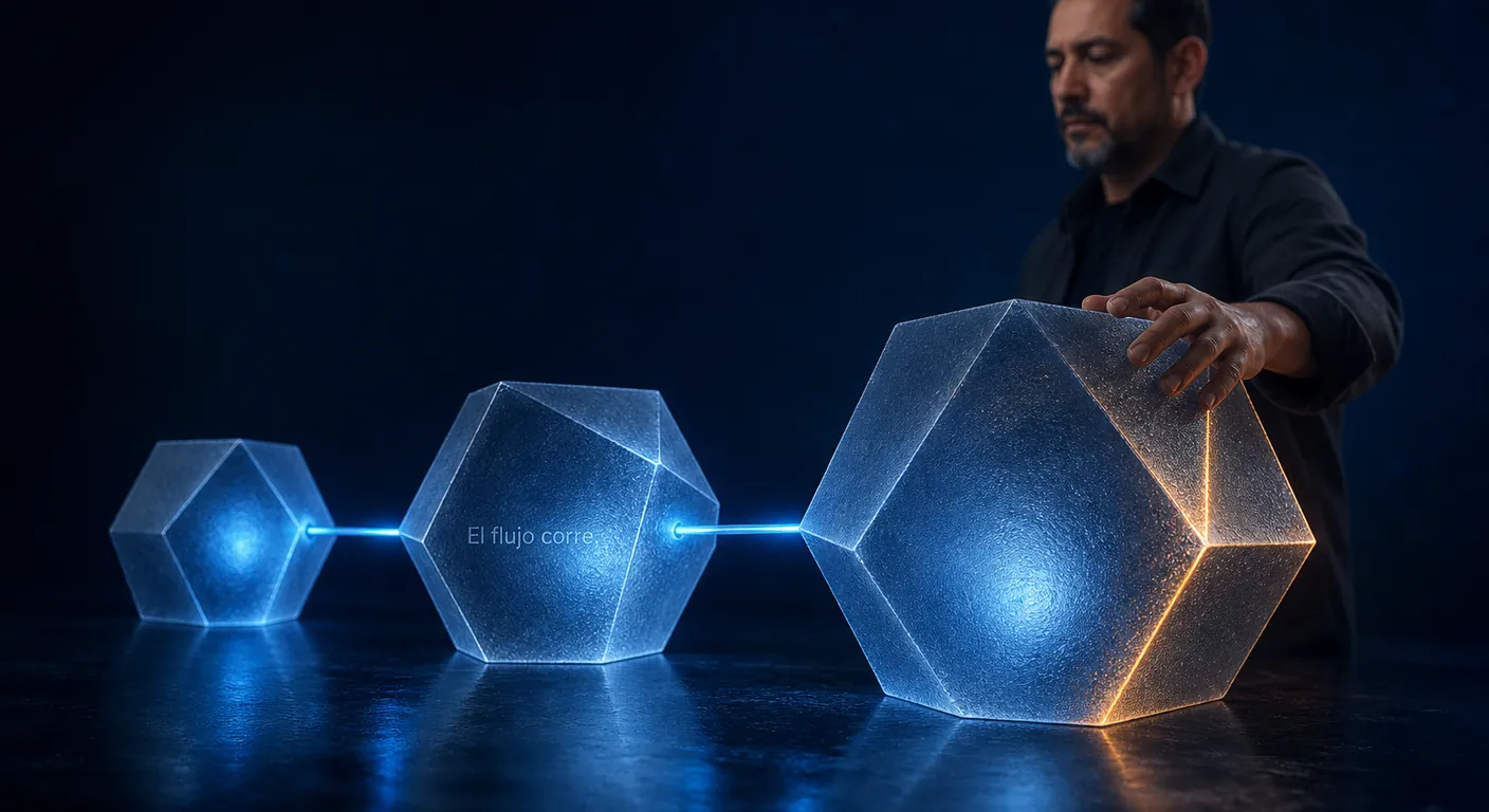 Tres nodos de cristal enlazados: el flujo de n8n corre en el servidor