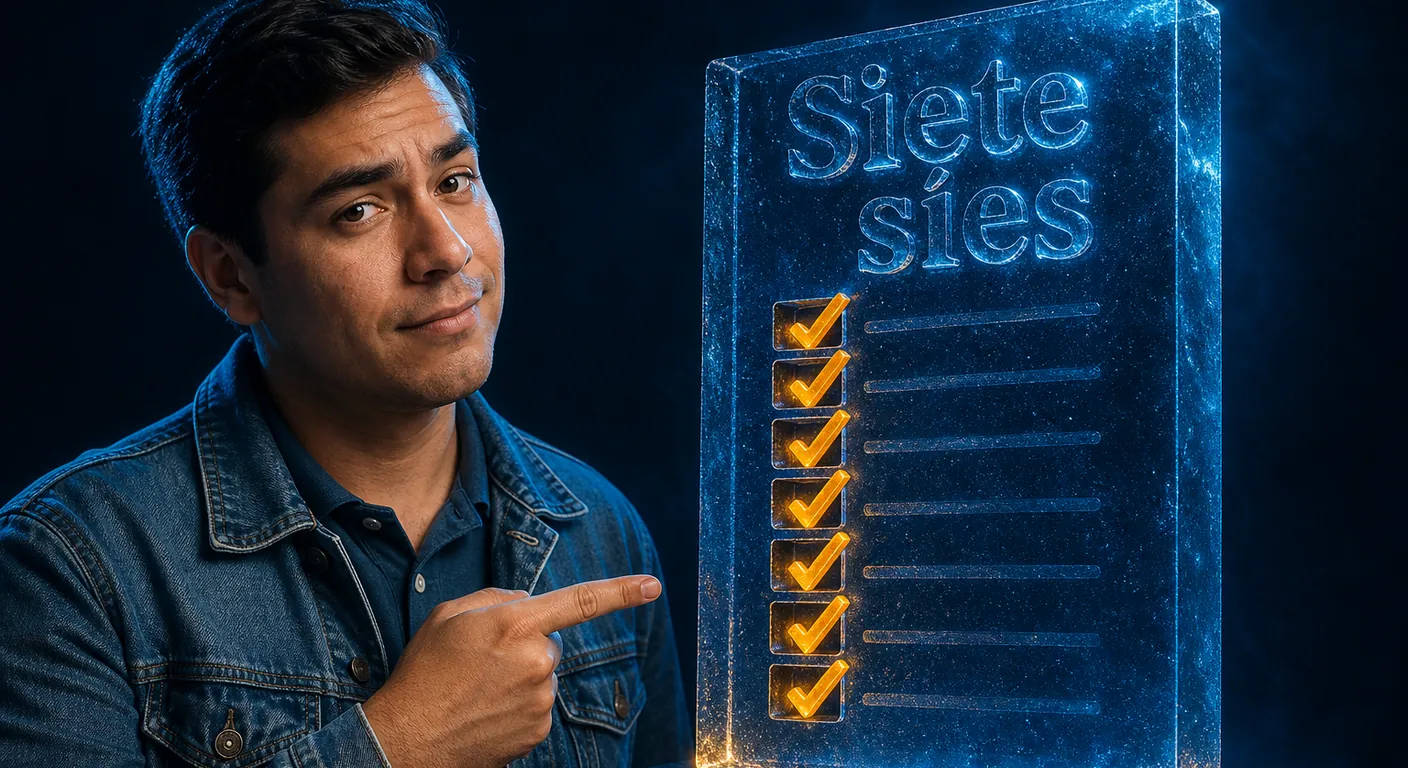A thick glass checklist of seven ticks carved as volume, amber ticks, cobalt slate. Texto en escena: Siete síes