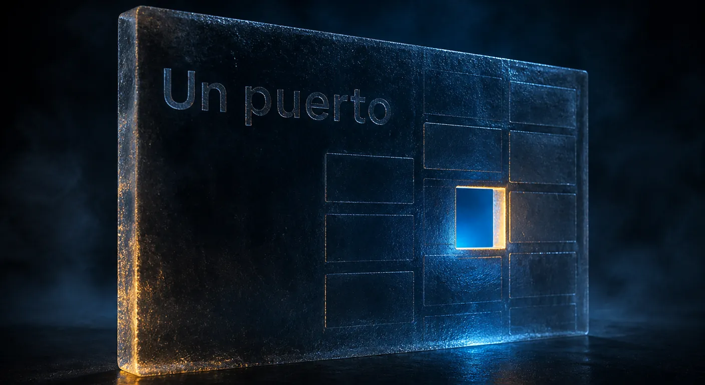 A dark glass firewall wall with a single square port open, the rest sealed. Texto en escena: Un puerto