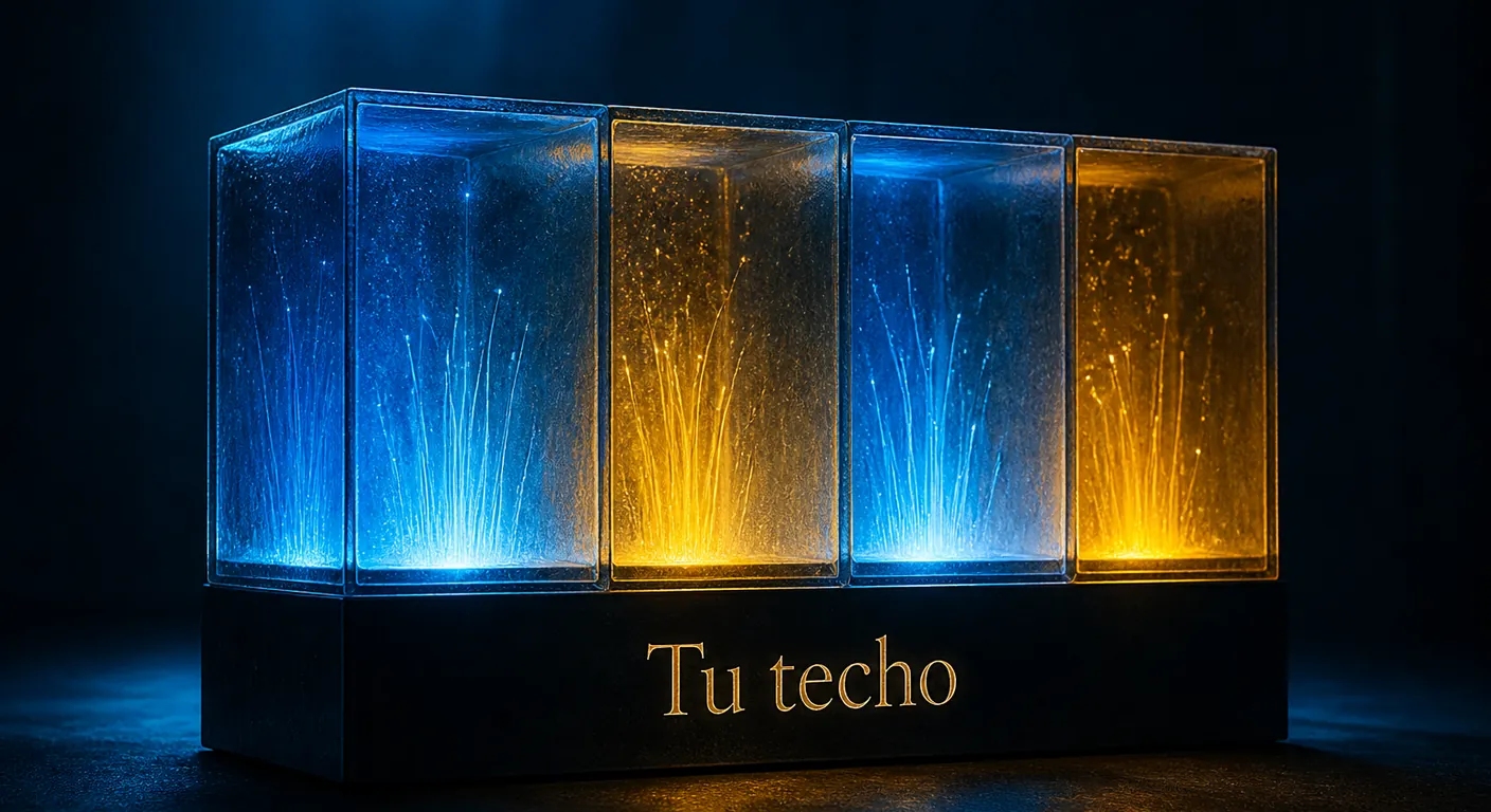 Four crystal blocks of different heights on a dark table: a reserved container, a single server tower, a twin-node pair, a Windows-like windowed cube. Texto en escena: Tu techo