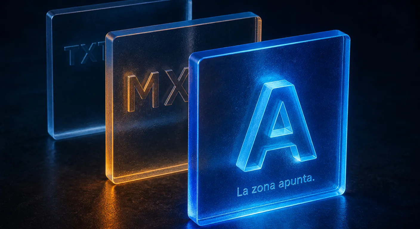 Tres placas de cristal A, MX y TXT: la zona DNS apunta desde cPanel