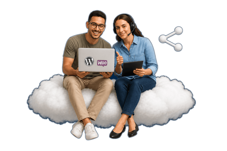 Dos personas en una nube, recomendando WordPress y WooCommerce