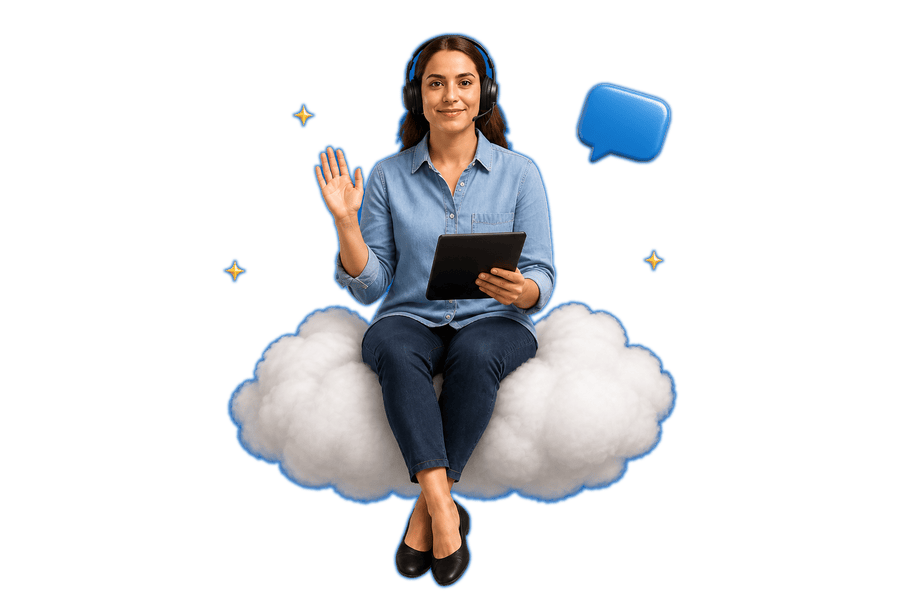 Mujer con diadema sentada en una nube, lista para ayudar