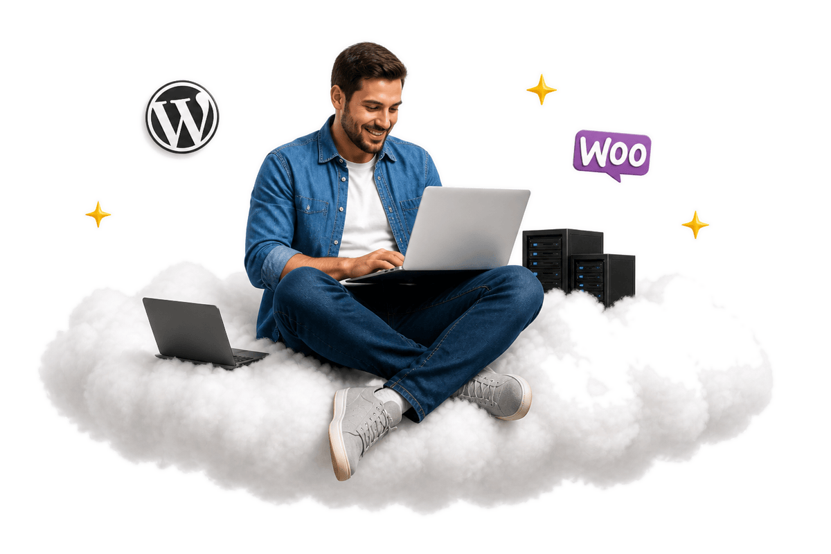 Cloud hosting — webmaster en la nube Hombre en una nube con WordPress y WooCommerce, trabajando en un portátil